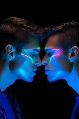 Kiss Between Two Men in Blue Neon Light