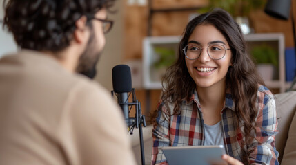 Wall Mural - young person with glasses is smiling at a person holding a tablet, with a microphone in the foreground, suggesting an interview or podcast setting.