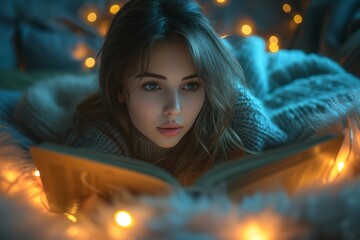 A serene woman indulges in the warmth of a candle's light as she immerses herself in a captivating story, her peaceful face illuminated by the flickering flame