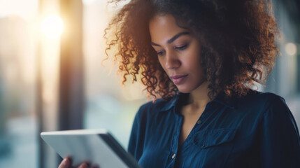 Wall Mural - young woman with curly hair is using a tablet in an office or urban setting with evening lights in the background.