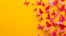 Frame Made Of Pink Butterflies On Yellow Background With Copy Space. Flat Lay. Spring Summer Banner. Generative AI