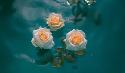 Three Spring Roses in Water: Enhance Your Space with the Unique Beauty of Nature. beautiful spring roses n the water. Generative AI