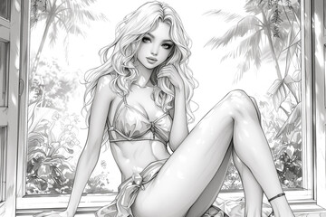 Wall Mural - A beautiful princess in sexy lingerie poses against the backdrop of a summer garden. Pages for a coloring book. Anti-stress therapy.