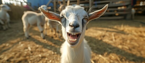 Wall Mural - Hilarious Goat's Funny Face on a Farm: A Comical Farmyard Moment