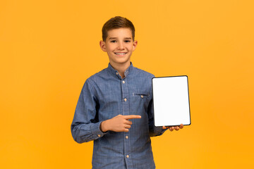 Smiling teen boy pointing at tablet with blank white screen