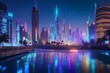 Holographic waves shimmering in a futuristic cityscape