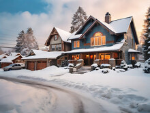 Dream houses in suburban villages with snow covering the roof in the winter season, are located in the USA. Winter, Heavy snowfall Beautiful Landscape Private Houses under a thick layer of snow.