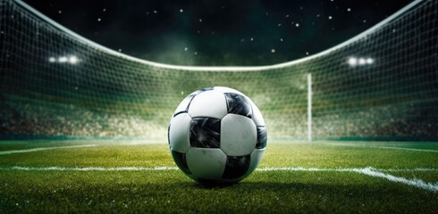 A soccer ball sits on top of a green soccer field under the bright sunlight.