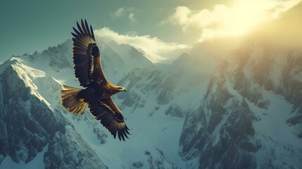 Poster - Majestic eagle soaring over snowy peaks at sunrise, symbolizing freedom. scenic landscape capture with wildlife in motion. AI