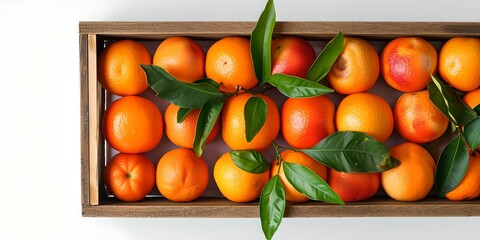 Wall Mural - Fresh citrus fruits in a wooden crate. organic apricots for healthy eating. vibrant colors, top view. perfect for summer. AI