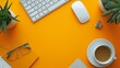 Vibrant workplace setup with keyboard and mouse on a striking orange background