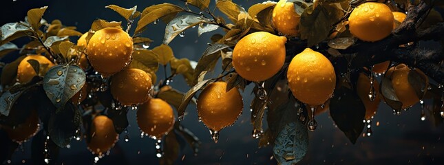 Wall Mural - A captivating close-up showcasing fresh oranges on the tree, with a clear focus on the ripe, vibrant fruits, set against the backdrop of a flourishing garden.