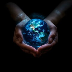 Hands cradling a glowing earth, symbolizing care and protection. conceptual environmental image with a message of conservation. AI