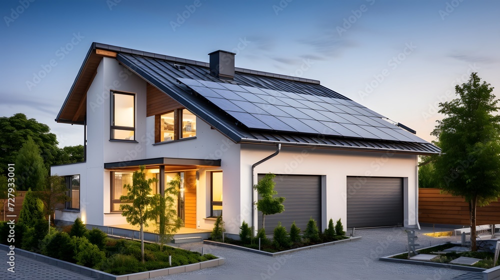 New suburban house with a photovoltaic system on the roof. Modern eco ...