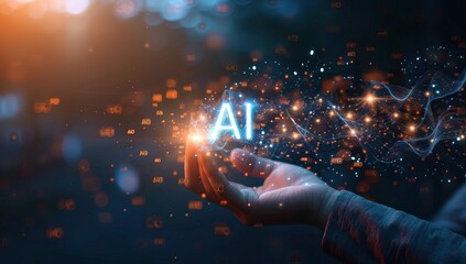 businessman holding ai hologram