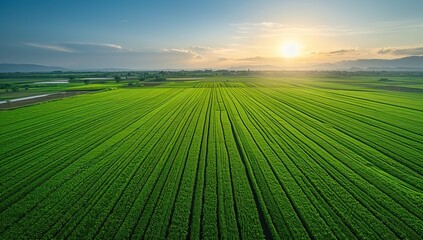 Wall Mural - Aerial view of lush green agricultural field at sunset