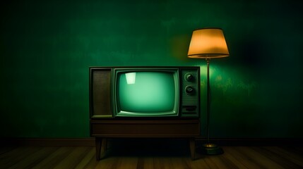 Retro old TV It's still life with green screen in dark room