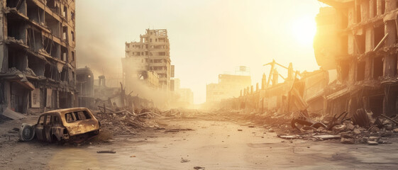 A desolate urban landscape at sunrise, its eerie stillness speaking volumes about decay and abandonment