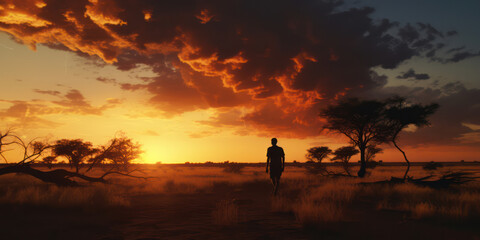 Wall Mural - Silhouette of African Traveler Experiencing the Vibrant Colors of a Serene Sunset in the Savanna