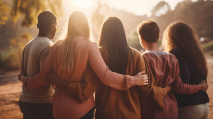 Multiracial group of young people holding each other in a circle outdoor