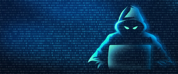 Wall Mural - hacker in binary code digital background. cyber crime and internet privacy hacking. network security
