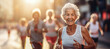 Description: Joyful senior woman running in marathon, healthy active lifestyle, fitness in golden years, city backdrop, sunset light.