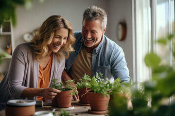 Wall Mural - Caucasian married middle aged couple planting herbs in living room