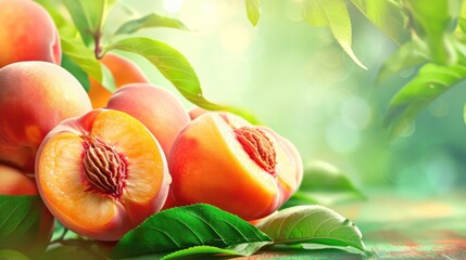 Wall Mural - Fresh peach fruits on blurred backdrop. Healthy food background with free place for text