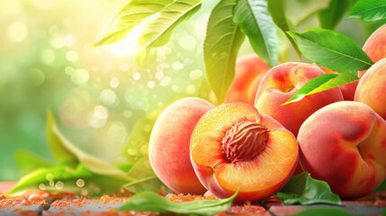 Wall Mural - Fresh peach fruits on blurred backdrop. Healthy food background with free place for text