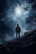 © goami - person standing in mountains at night sky background with stars, freedom and exploration concept