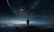 person standing in mountains at night sky background with stars, freedom and exploration concept