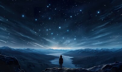 Canvas Print - person standing in mountains at night sky background with stars, freedom and exploration concept
