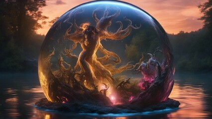 Wall Mural - sunset in the sea highly intricately photograph of eve demon tree tempter scene. idea for interior d