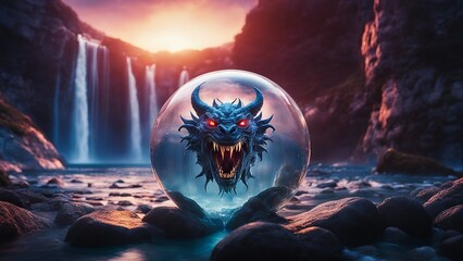 Wall Mural - landscape with scene highly intricately photograph of t shirt design with dragon demon monster head 