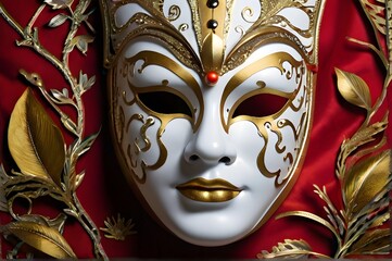 Closeup of opera carnival mask isolated on red background. Happy carnival festive concept with musical trumpet mask, venetian mask or mardi gras mask. Festival show, venice traditional art