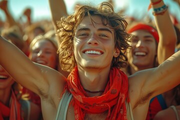 A joyful crowd celebrates together, their faces full of excitement and their arms raised high in unison at an outdoor festival