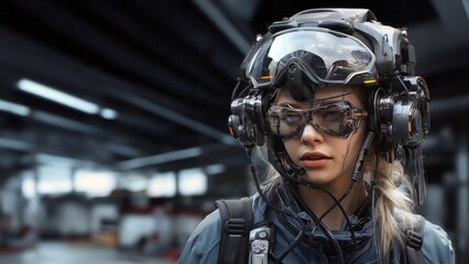 Wall Mural - Beautiful young woman wearing an aviator helmet and glasses. 3D rendering of a cyborg woman wearing virtual reality glasses, on a futuristic background.