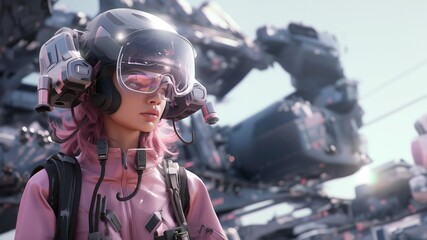 Wall Mural - Beautiful young woman wearing an aviator helmet and glasses. 3D rendering of a cyborg woman wearing virtual reality glasses, on a futuristic background.