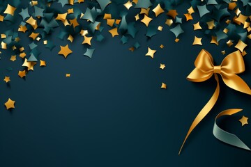 Abstract blue background with golden stars and confetti, copy space. 3d illustration.