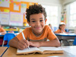 © Puwasit - British boy kindergarten student sits and writes note in the classroom, Education in schools in the Europe zone, Classroom in kindergarten.