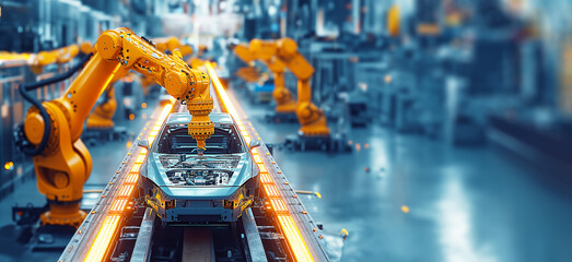 Automatic robots assemble cars in an assembly line at an assembly shop, industrial landscapes, a factory assembling cars for customers, shimmering metallics, the auto body works,