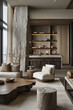 Contemporary Zen Living Room Design with Textured Stone Accent Wall, Modern Built-In Shelving, Sleek Wooden Furnishings, Neutral Color Palette, and Serene Natural Ligh