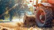 Modern Tractor Collecting Straw in Agricultural Field with Sun Flare and Dust Particles in the Air