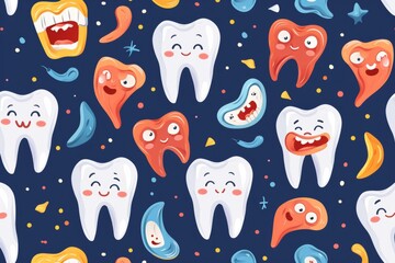 Wall Mural - Funny seamless images of small and large teeth and everything related to dentistry, dental care concept and international dentist day celebration