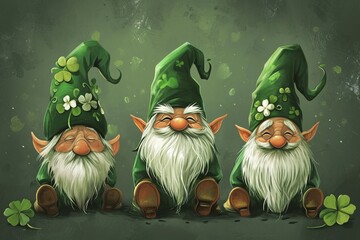 Wall Mural - Watercolored Little green positive elf gnomes. Fairytale characters concept for book, st. patrick's day celebration