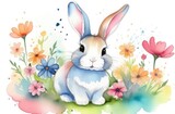 Fototapeta Dziecięca - Watercolor drawing of a little rabbit in flowers