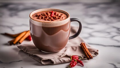 a mug of Mexican spicy chili flake hot chocolate on marble table
