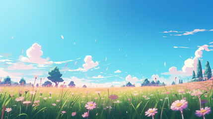 Wall Mural - cute beautiful anime landscape showing a field full of flowers