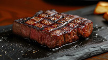 A Perfectly Grilled Steak, With Char Marks And A Glistening Surface, On A Slate Plate.