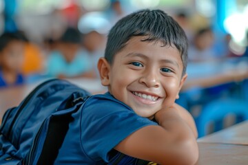 Wall Mural - Happy schoolboy with backpack smiling in a classroom setting, with blurred background of peers.